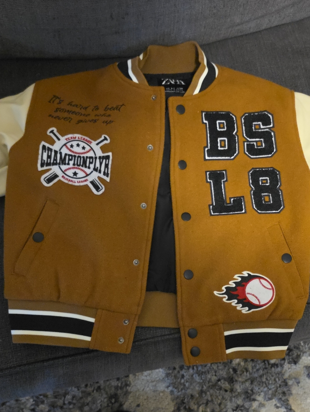Zara Kids Mustard Brown & Cream Varsity Jacket with Baseball Patches